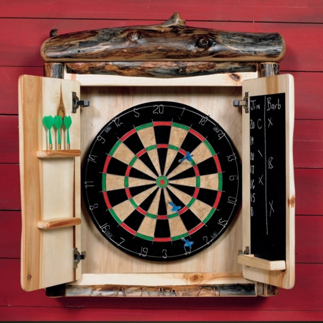 Custom Rustic Solid Aspen Log Trim Dart Board Cabinet With Set of Metal-Tip Darts, Antique and Unique Gift For Game Lovers