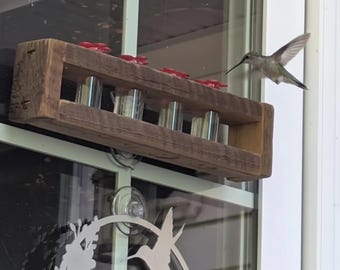 Authentic Barnwood Hummingbird Feeder Window or Hanging: Bee-Proof, Drip-Free, 4-Station