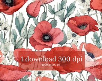 Papel digital de amapola roja, papeles de álbum de recortes florales, patrones sin costura, papel tapiz de flores de amapola, patrones florales, fondo rojo, arte moderno