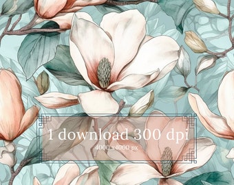 Patrón sin costuras Magnolia rosa acuarela, Patrón sin costuras Magnolia, Patrón Magnolia, Papel digital, Patrón sin costuras JPG