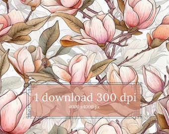 Patrón sin costuras de magnolia de ensueño rosa acuarela, patrón sin costuras de magnolia, patrón de magnolia, papel digital, patrón sin costuras JPG
