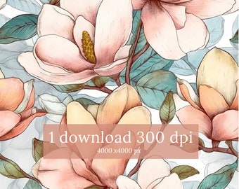 Patrón único DREAMY Magnolia sin costuras, patrón de magnolia rosa, patrón de magnolia, papel digital, papel de álbum de recortes, patrón JPG