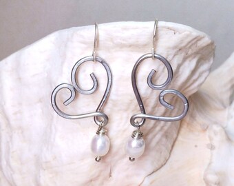 Hammered Silver Heart Earrings: Freshwater Pearl Dangle, Non Tarnish