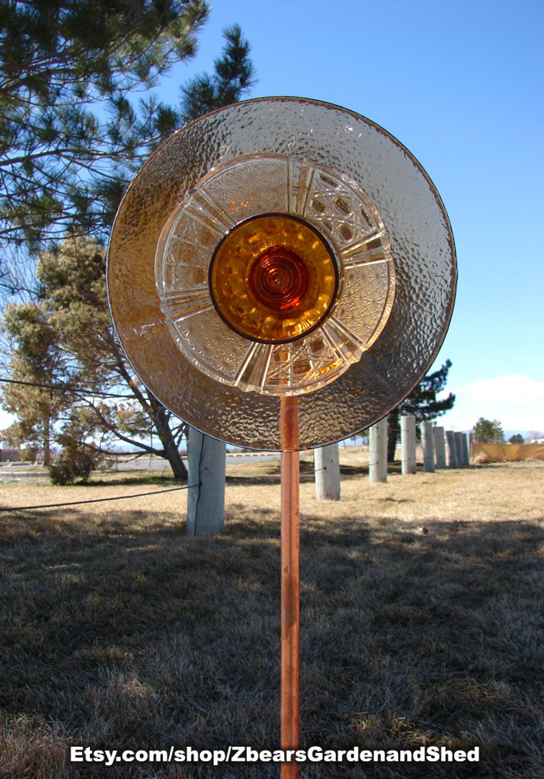 Amber Waves Glass Plate Flower Yard Art Garden Stake | Etsy