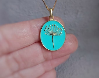 Gold Plated Silver Dandelion Necklace, Light Blue Dandelion Flower Necklace, Floral Jewelry with Cyan Enamel, Make a Wish, Christmas Gifts