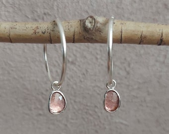 Silver Earrings with Light Pink Tourmaline, Salmon Tourmaline Earrings, Christmas Gift Idea, Silver Hoop Earrings with Gemstone