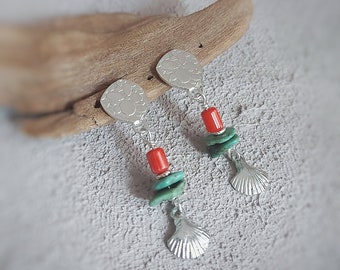 Boucles d'oreilles bohèmes en argent sterling, boucles d'oreilles pendantes avec turquoise brute et corail, boucles d'oreilles minimalistes en coquillages, idées cadeaux pour demoiselles d'honneur pour l'été