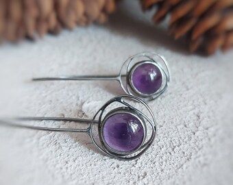 Amethyst Earrings, Contemporary Earrings, Oxidized Silver Geometric Earrings, February Birthstone, Silver Earrings with Purple Gemstone