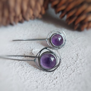 Amethyst Earrings, Contemporary Earrings, Oxidized Silver Geometric Earrings, February Birthstone, Silver Earrings with Purple Gemstone
