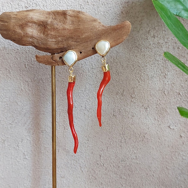 Silver Earrings with Coral Branch and Baroque Pearl, Gold Plated Red Coral Earrings, Statement Earrings For Summer, Dangle Coral Earrings