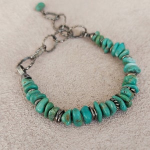 Pulseira de turquesa bruta, pulseira de prata bruta, pulseira de turquesa masculina com corrente de prata, pulseira de prata oxidada unissex com turquesa bruta