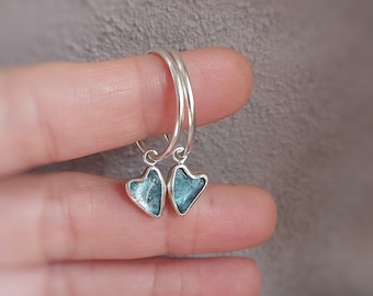 Rough Aquamarine Earrings, Silver Hoop Earrings with Crystal, Raw Jewelry, March Birthstone Gift, Water Drop Earrings, Heart Shaped Earrings