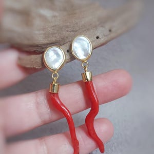 Silver Earrings with Coral Branch and Baroque Pearl, Gold Plated Red Coral Earrings, Statement Earrings For Summer, Dangle Coral Earrings