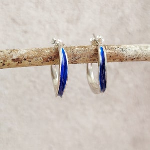Colorful Silver Earrings, Colored Hoop Earrings, Cobalt Blue Silver Hoop Earrings, Minimal Earrings, Vitreous Dark Blue Enameled Earrings