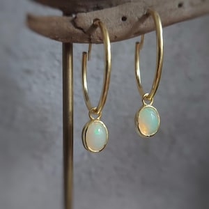 Silver Opal Earrings, Silver Hoop Earrings with Gemstone, Gift for Mom, Gold Plated Opal Earrings, Christmas Gift Idea, Minimal Earrings