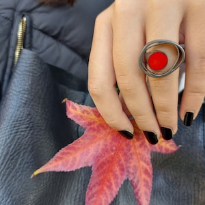 Oxidized Silver Ring with Red Enamel, Colorful Statement Ring, Colored Silver Ring, Contemporary Ring, Red Siver Ring, Valentine&#39;s Day Gift