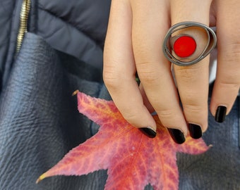 Oxidized Silver Ring with Red Enamel, Colorful Statement Ring, Colored Silver Ring, Contemporary Ring, Red Siver Ring, Valentine's Day Gift