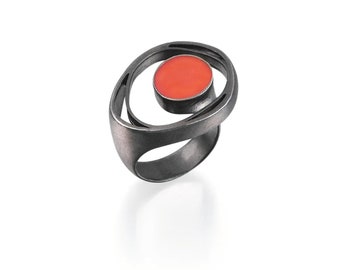 Colorful Silver Ring, Contemporary Colored Ring, Living Coral Silver Ring, Living Coral Enameled Rings, COY, Color of the Year, Gift for Her
