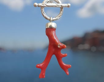 Collar de rama de coral en plata de ley, collar largo de coral, colgante único de rama de coral rojo, joyería de verano, idea de regalo para talasófilos.