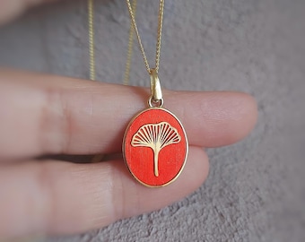 Colgante de hoja de ginkgo esmaltado en rojo, collar botánico de plata de ley
