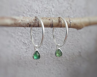 Silver Earrings with Tourmaline, Green Tourmaline Earrings, Christmas Gift Idea, Silver Hoop Earrings with Gemstone, Silver Hoop Earrings