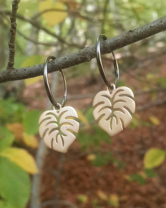 Silver Monstera Hoop Earrings, Botanical Jewelry, Silver Leaf