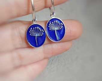 Silver Hoop Earrings with Dandelion Flower, Dangle Dandelion Earrings, Floral Earrings with Cobalt Blue Hot Enamel,  Make a Wish Earrings