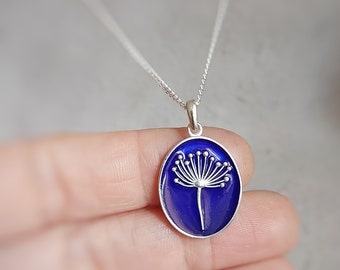 Silver Necklace with Dandelion, Cobalt Blue Enameled Flower Pendant, Floral Madelion with Navy Blue Vitreous Enamel, Make a Wish Necklace