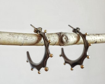 Sterling Silver Black Hoop Earrings, Gold Dots, Crown Earrings