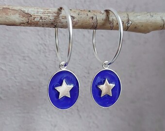 Silver Hoop Earrings with Star, Dangle Star Earring, Star Earrings with Cobalt Blue Hot Enamel, Navy Vitreous Enamel Earring, Xmas Gift Idea