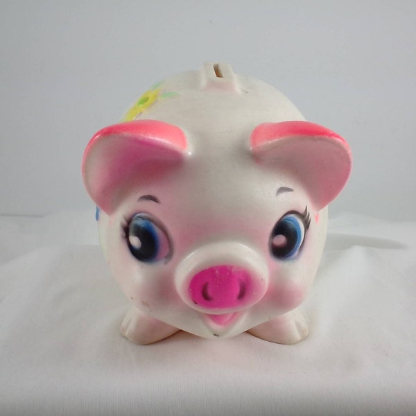 Tirelire pour cochons vintage déco rétro en plastique des années 1960 avec motif floral par SaniToy New York City, New York, États-Unis