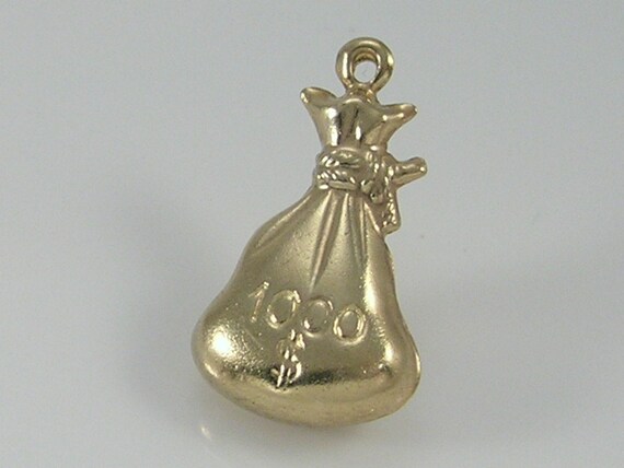 Vintage 3D 9ct Gold 1000 Dollars money Bag Charm - Gem