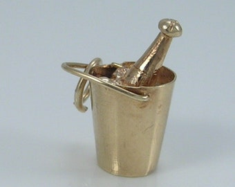 Vintage 3D 9ct Gold Champagne Bottle In Ice Bucket Charm Pendant  H/MK 1970