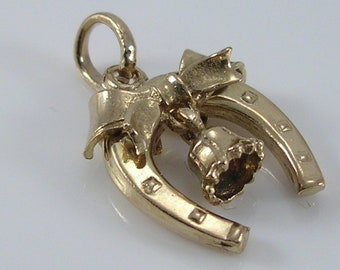 Vintage 3D CHIM 9ct Gold Lucky Horseshoe, Bell, Bow Charm Pendant H/MK 1967 Wedding