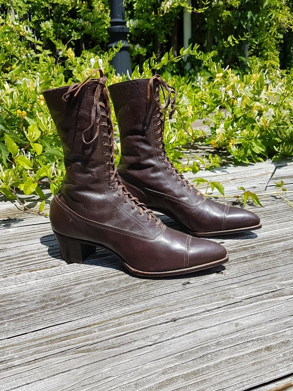 Antique Vintage Victorian 1900s Brown Genuine Leather Size 5 6 Etsy