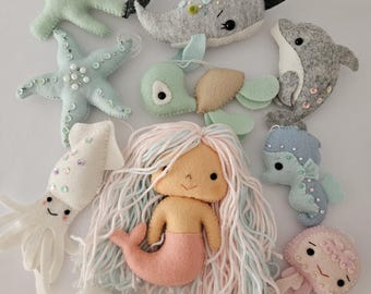 Felt Sea Creature Ornaments, Ocean Christmas Decorations, Mermaid Whale Dolphin Starfish Jellyfish Turtle Nursery Decor