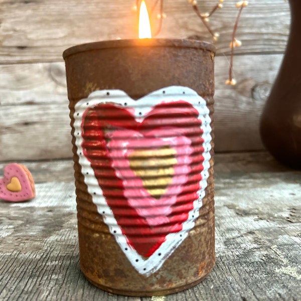 RUSTY CAN Candle Holder - LOVE - Hand painted - Candle making supplies - Primitive - Farmhouse style - Grunge - Rusty metal