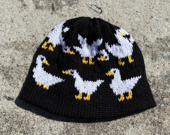 Silly Goose! Handmade Knit Hat Double-Thick 2-Layers - Black hat with geese, white ducks - winter beanie toque skullcap knitting