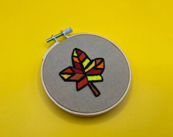 Small 3" Hand-Embroidered Stained Glass Look Autumn Maple Leaf Thread Painted Embroidery Hoop Decor Ornament for Fall Vibes