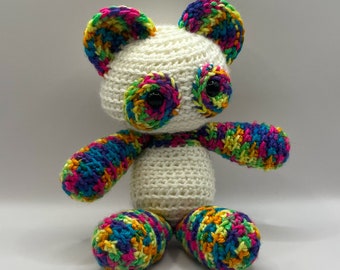 Rainbow and White Pat the Panda - Handmade Chibi Panda Amigurumi Plushie Doll - Novelty Crochet Plush Toy  Cute Gift Pride Month LGBTQ