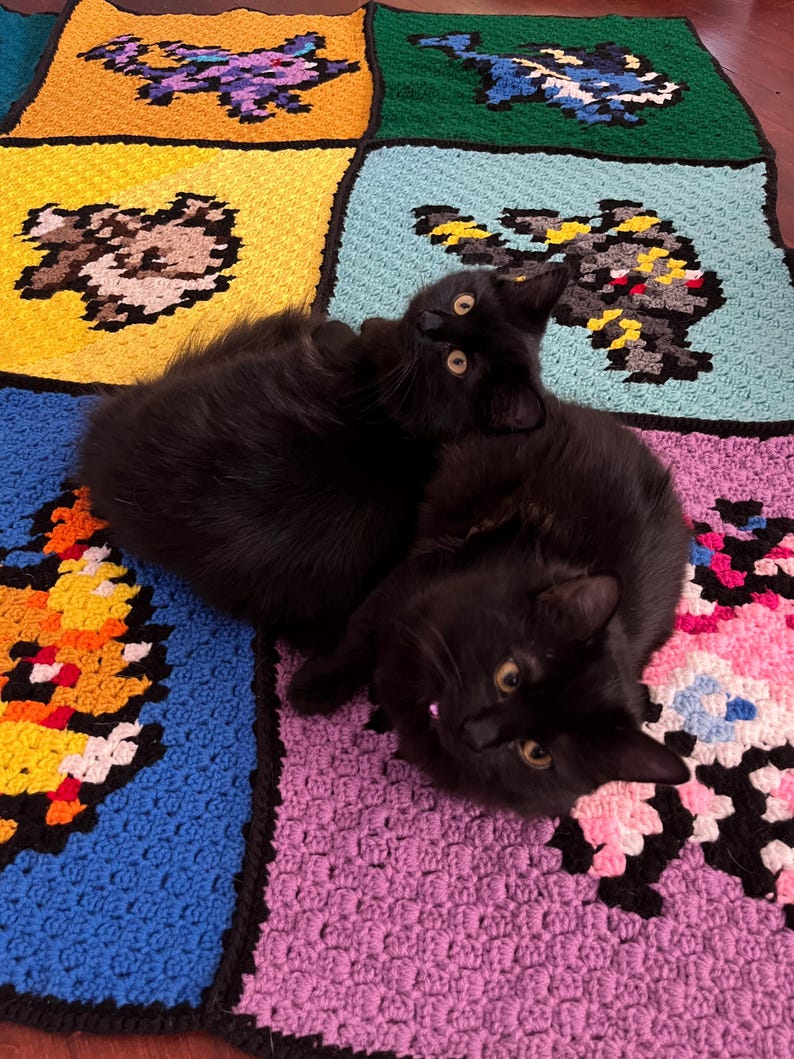 Puede incluir: Dos gatos negros descansan sobre una colorida manta de ganchillo pixelada. La manta presenta cuadrados con varios dise&ntilde;os en tonos de azul, amarillo, naranja, verde y rosa. Los gatos tienen ojos de color amarillo brillante y est&aacute;n acurrucados juntos.