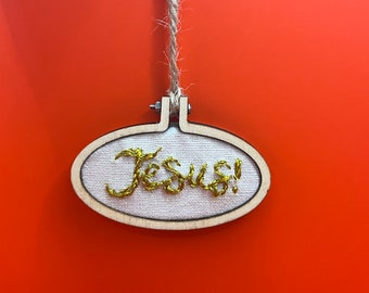 Small Hand-Embroidered Metallic Gold Jesus! Embroidery Hoop for Festive Holiday Tree Ornament or Wall Home Office Car Decor Winter