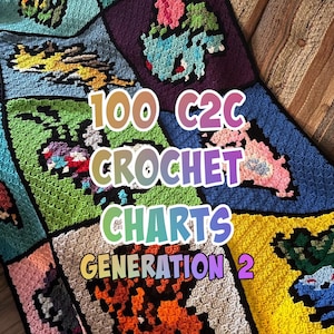 Puede incluir: Una colorida manta de ganchillo con imágenes pixeladas de varias criaturas. La manta está compuesta por múltiples cuadrados de varios colores, con el texto "100 C2C CROCHET CHARTS GENERATION 2" superpuesto.