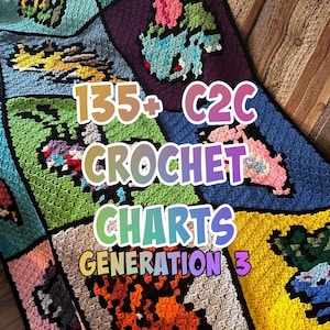 May include: A colorful, handmade crochet blanket featuring pixelated designs of various creatures. The blanket is composed of multiple squares in shades of blue, green, yellow, and orange. Text on the blanket reads "135+ C2C CROCHET CHARTS GENERATION 3".