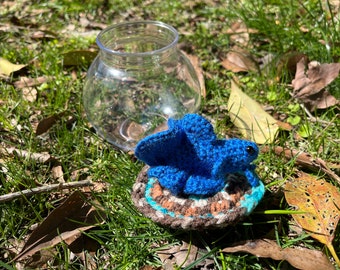 Whimsical Crochet Blue Betta Fish In Small Clear Plastic Bowl Cute Fun Novelty Desk Decoration Low Maintenance Pet Handmade Fiber Sculpture