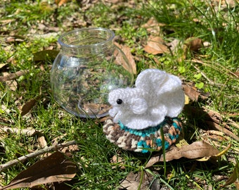 Whimsical Crochet White Betta Fish In Small Clear Plastic Bowl Cute Fun Novelty Desk Decoration Low Maintenance Pet Handmade Fiber Sculpture