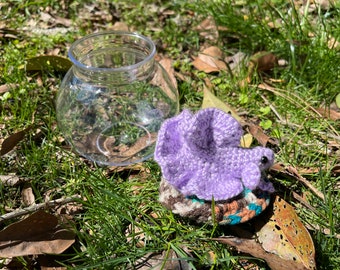 Whimsical Crochet Purple Betta Fish In Small Clear Plastic Bowl Cute Novelty Desk Decoration Low Maintenance Pet Handmade Fiber Sculpture