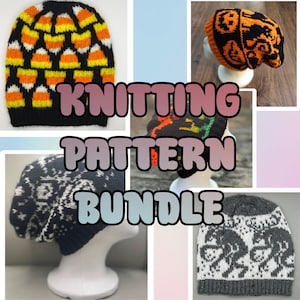 May include: A collection of knitted beanies with various designs. One beanie features a candy corn pattern, while others display Halloween and snowflake motifs. The text "KNITTING PATTERN BUNDLE" is overlaid on the image.