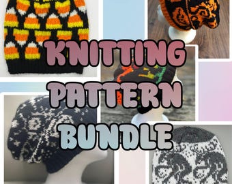 5 PATTERN BUNDLE | Hat Knitting Colorwork Charts | Beginner Friendly | Spooky Season Patterns | Cryptids, Candy Corn, Halloween, Mothman