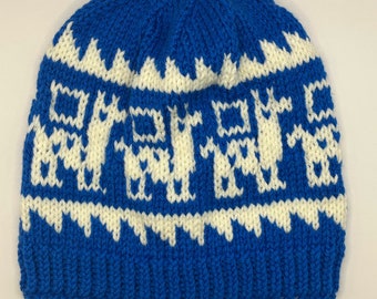 Blue and White Llama Handmade Knit Hat - Knit Beanie Toque Slouchy Winter Hat - Alpacas - Excellent Gift So Trendy and Stylish Artisan Hat